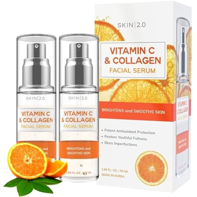 Skin 2.0 VITAMIN C SERUM WITH COLLAGEN - DERMATOLOGIST TESTED KOREAN CARE FOR DARK SPOTS & BRIGHTENING - ANTI AGING & ACNE FACIAL SERUM - CRUELTY FREE - FOR ALL TYPES - 1.69OZ (2PK) - Image 1